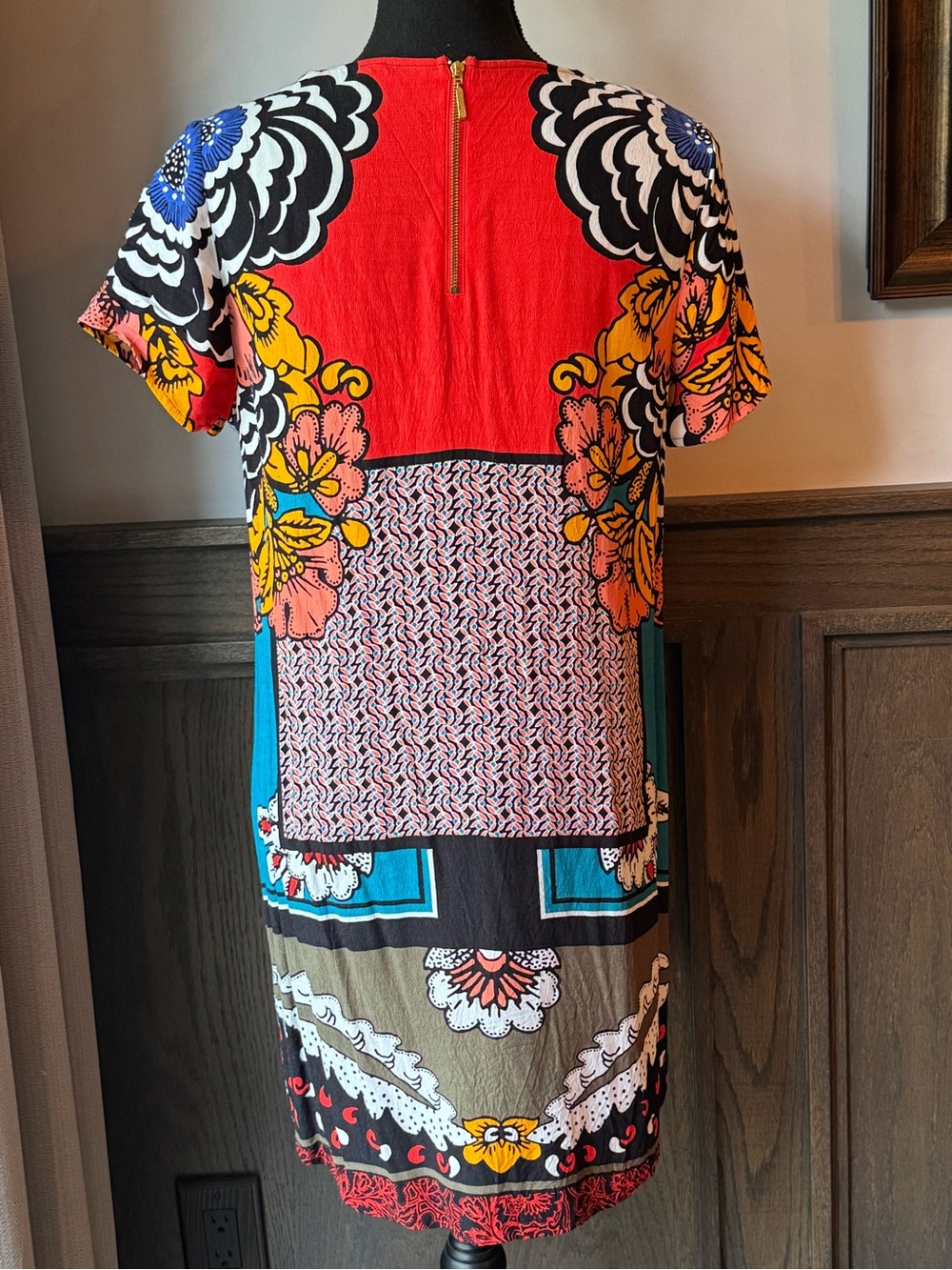 Express Bold Floral Patchwork Mini Dress - Red, Yellow, Blue, Black, Cream - Picture 3 of 7